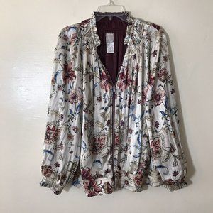 EUC Chico’s Floral Silky Satin Reversible Burgundy Bomber Full Zip Jacket Size 3
